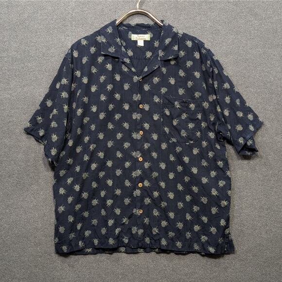 Tommy Bahama Silk Shirt Mens XL Loop Collar Allover Print Pineapple Navy - Picture 1 of 11